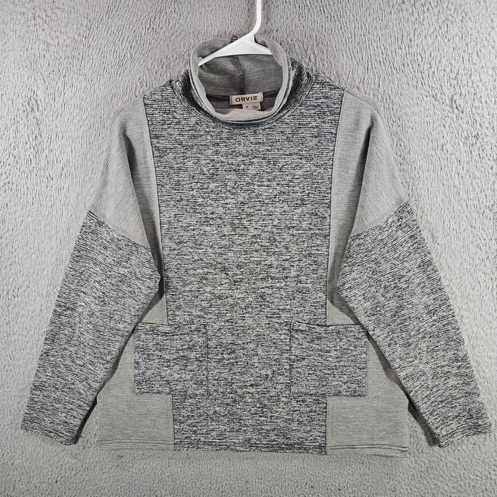 Orvis Womens Gray Space Dye Funnel Neck Pullover Sweater Pockets Size S